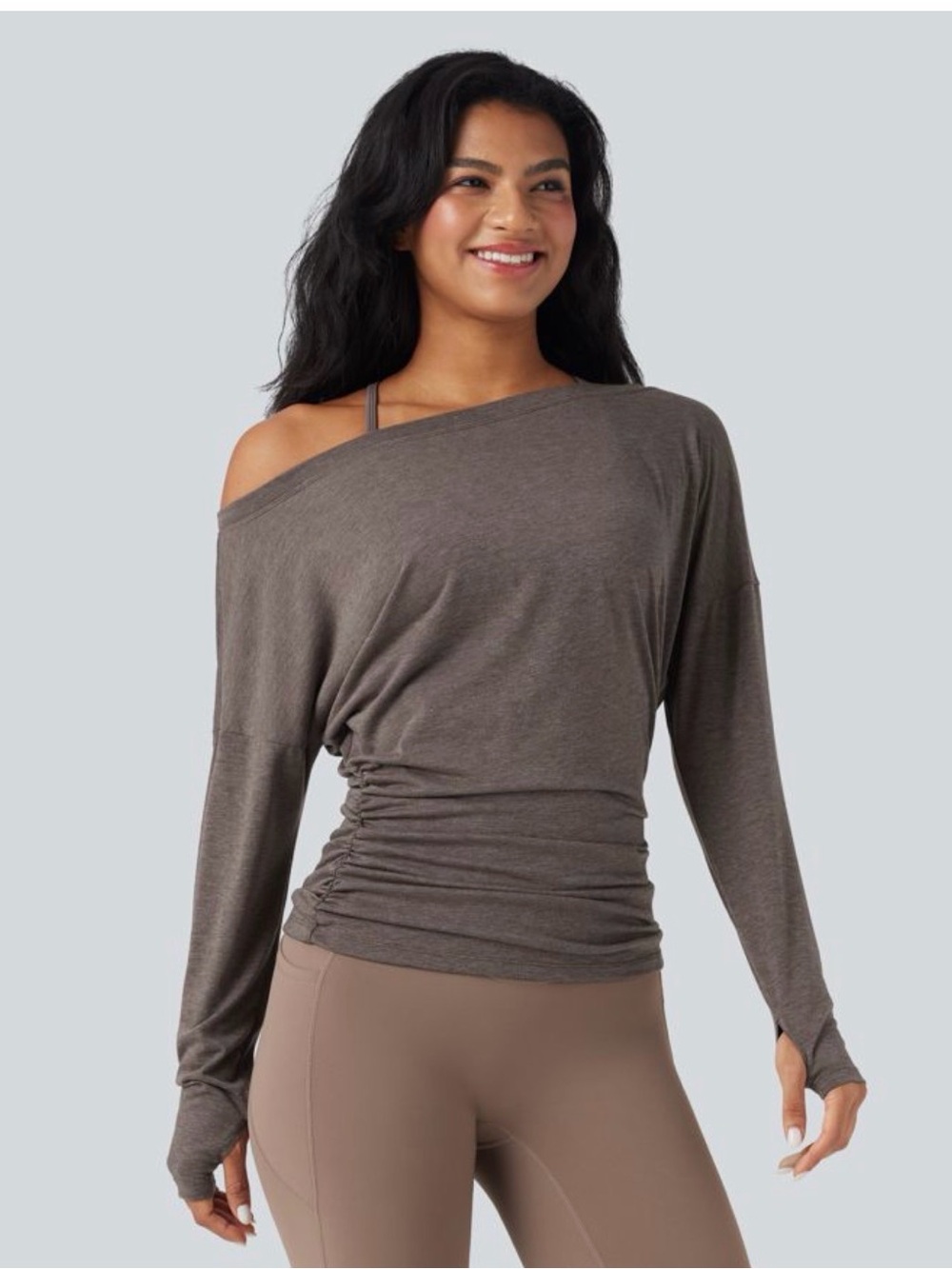 HALARA Off-Shoulder Long Sleeve Ruched Waist Top - Taupe Brown
